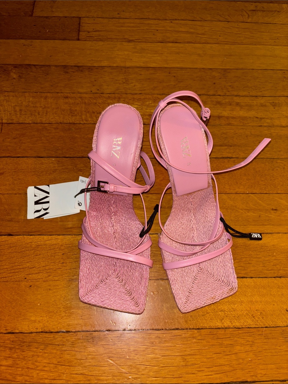 Zara Pink Strappy Square-Toe Sandals with Ankle Tie size 39 US women’s 8